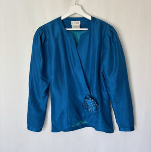 Vintage CHAR Silk Blouse Top 8 Silk Blue Vneck Long Sleeve